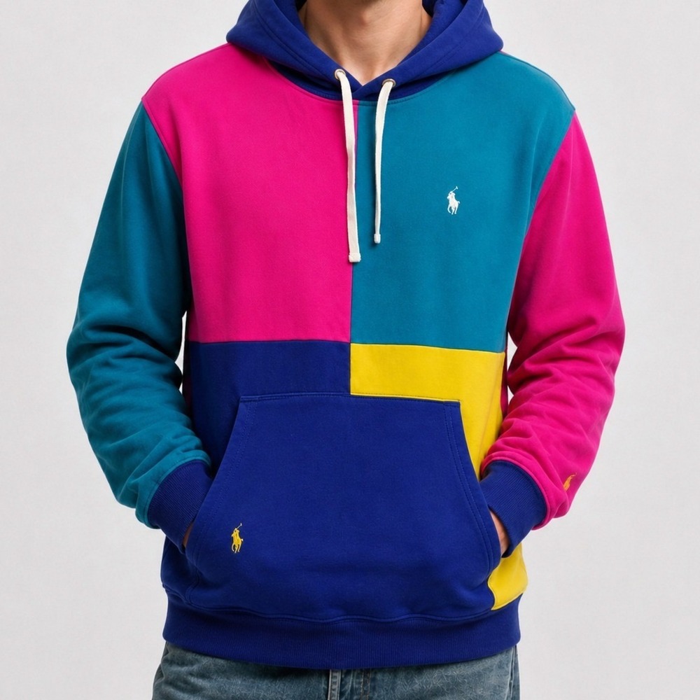 Polo Ralph Lauren Colorblock Pullover Hoodie Multi Color Pony Logo Medium